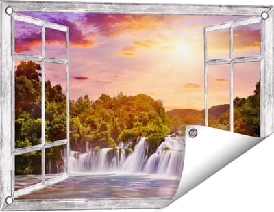 Gards Tuinposter Doorkijk Watervallen in het Bos - 60x40 cm - Tuindoek - Tuindecoratie - Wanddecoratie buiten - Tuinschilderij