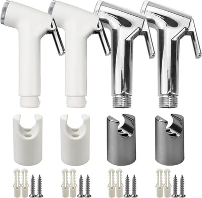 Set van 4 Hand Bidet Nozzles, Plastic Douche voor Toilet en Dieren, Inclusief Houder en Schroefbevestiging, Waterbesparende Handdouche voor Hygiëne en Comfort