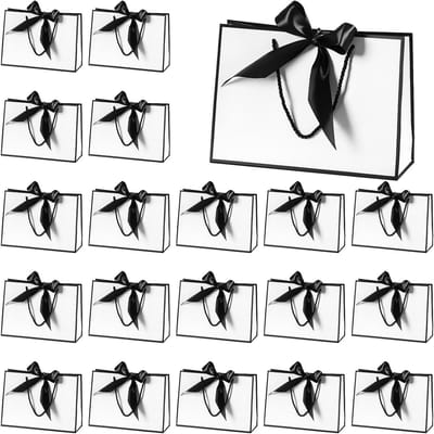 Dailygoods- Geschenkzakken 20 stuks - Luxe Papieren Zak - 32 x 25 x 11 cm - Zwart/Wit met Strik - Stevig Karton - Handvat en Waterdicht - Cadeauzakken