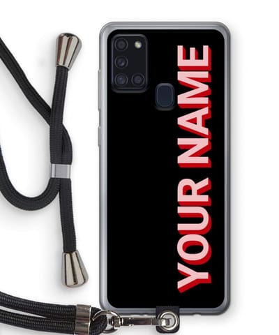 Gepersonaliseerd - Case Company® - Hoesje met koord geschikt voor Samsung Galaxy A21s hoesje met Koord - Namecase - Telefoonhoesje met Zwart Koord - Bescherming aan alle Kanten en Over de Schermrand
