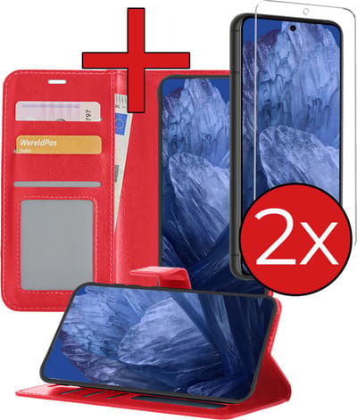 Hoesje - Met 2x Screenprotector - Geschikt voor Google Pixel 8a - Luxe Pasjeshouder - Flip Case - Bookcase Portemonee - Kunstleer Book Case - Flipcase Hoes - Book Cover - Walletcase - Portemonneehoes - Telefoonhoes - Rood