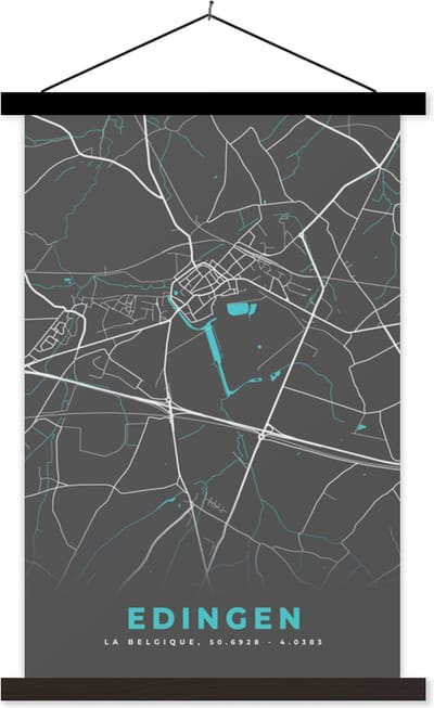 Posterhanger incl. Poster 40x60 cm - Schoolplaat - Stadskaart – Grijs - Kaart – Edingen – België – Plattegrond - Textielposter - Zwarte latten - Stadskaart