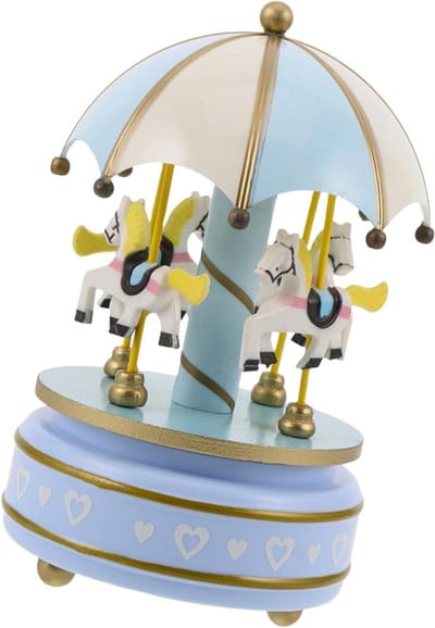 Houten Muziekdoos - Carrousel Decoratie - Ontspannende Muziek - Draaiend Ontwerp - 17.5 cm Hoog - Hemelsblauw
