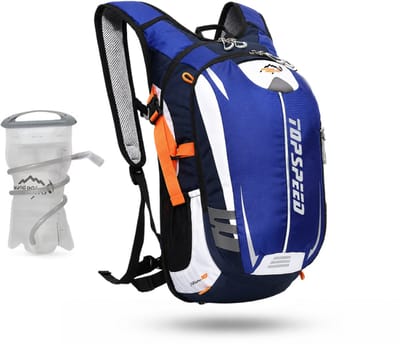 CarryQuest® - 18L Hydratatie Rugzak + 2L Waterzak - Waterafstotende Nylon Fietsrugzak met Reflecterende Strepen, Fluit & Elastische Flessenhouders - 45x24x15 cm - Blauw