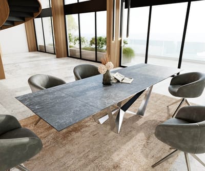 Eetkamertafel Edge keramiek Laminam®Nero Greco grijs 200-300x100 spider vlak staal RVS uitschuifbaar