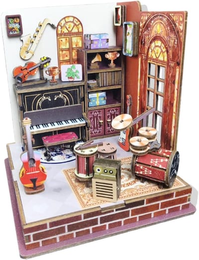Muziek Huis Puzzel - Houten Model Kamer - Creatief Knutselen - Gedetailleerd Muziek Thema - 24.3 x 16.8 cm - Houtkleur