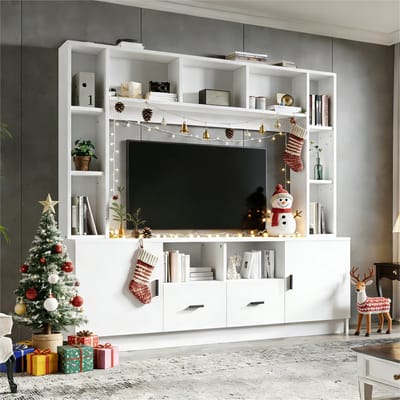 TV Wandmeubel - 180x35x170 cm - Met Vitrinekast - Voor 60 Inch TV - 11 Vakken - Wit