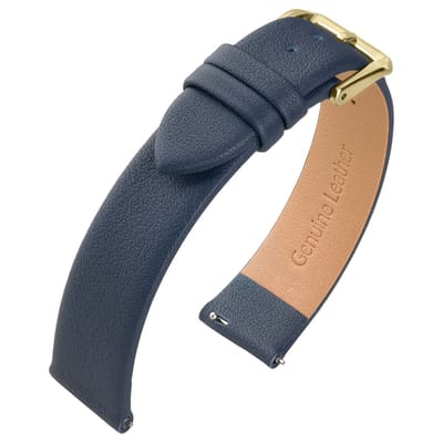 Horlogebandje Soepel Leer - Makkelijk Zelf te Verwisselen - Donkerblauw - Goud Stalen Gesp - 12mm