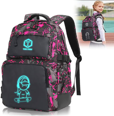 TAN.TOMI - Rugzak Jongens - Schoolrugzak met USB - Reflecterende Rugzak - Meisjes Rugzak - Tieners Dagrugzak - Kinderen Nachtzak - Reflecterende Schooltas - Zwart-Roze