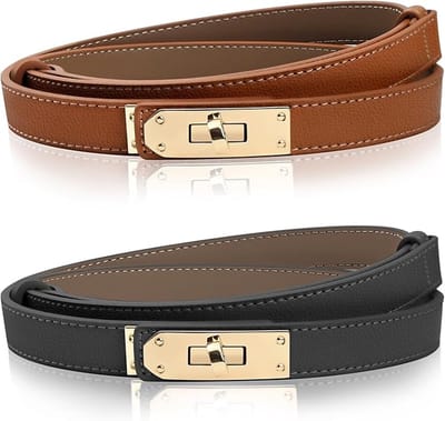 longziming -2 Stuks Dames Skinny Leren Riemen – Verstelbare Smalle Taille Riemen voor Jurken, Jeans en Broeken, Dunne Elegante Riemset voor Dagelijks Gebruik en Modecombinaties