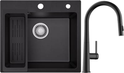 SOFETIY MAX Granieten Spoelbak Zwart / Antraciet (50*45cm) - Spoelbak Keuken Met C-uitloop Keukenkraan - Spoelbakken Keuken – Wasbak Keuken Met Waterafvoersysteem