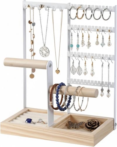 Stijlvolle houten sieradenstandaard met 4 niveaus voor kettingen, oorbellen en armbanden, perfect voor meisjes en vrouwen