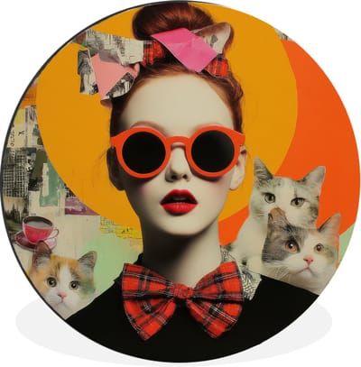 WallCircle - Wandcirkel - Muurcirkel - Vrouw - Bril - Strik - Retro - Aluminium - Dibond - 30x30 cm - Binnen en Buiten