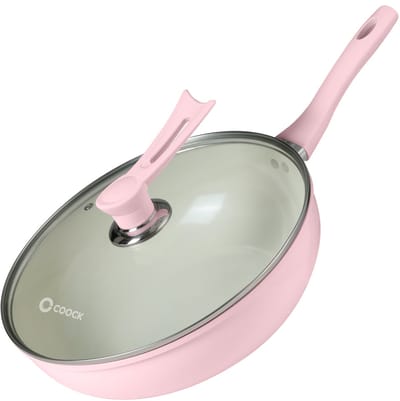 COOCK Wokpan Inductie 32cm - Speciale Anti-Aanbak Coating - Roerbakpan met deksel - Gerecycled Aluminium - Lichtroze/Wit - Inclusief E-book