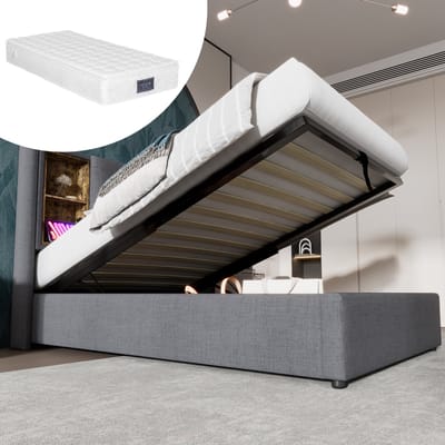 MODENUIT Gestoffeerd bed 90x200 cm – Hoofdbord met draadloos laden, USB en USB-C – Opbergruimte – Met matras – Grijs