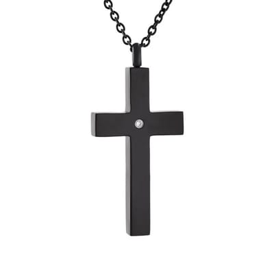 Aramat Jewels | Gedenkhangers | Stalen Kruis Ashanger - Symbolische Herinnering | Zwart-zirkonia-4.5x2.5cm | |20mm | Staal | Volwassenen | Verkleurd niet