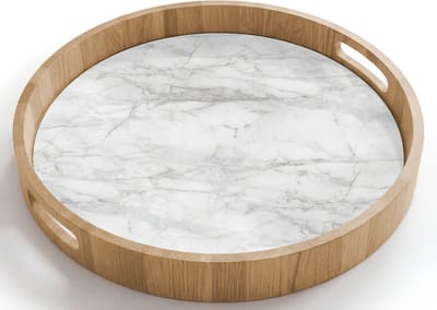 Dienblad rond 40x40 cm - Schootdienblad hout - Klassiek - Marmer - Grijs - Borrelplank rechthoek - Plateau houten dienbladen