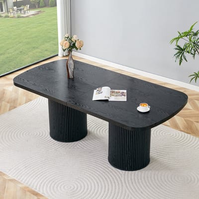 REDOM - Ovale Eettafel - Geribbelde Dubbele Kolomvoet - Organisch Design - Eetkamer - MDF Met Houtlook - Zwart
