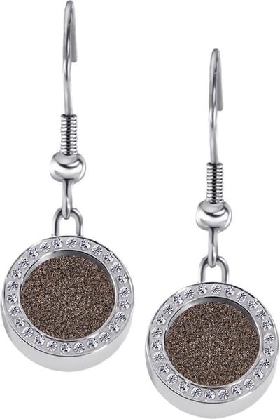 Quiges RVS Schroefsysteem Oorhangers Oorbellen Zilverkleurig met Zirkonia en Verwisselbare Glitter Bruin Mini Munt Set - ECOS165