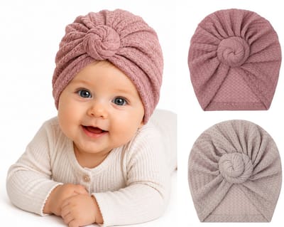 Baby Tulband Mutsjes Meisje – 2 Stuks – Roze & Taupe – Zachte Baby Turban Mutsjes – 3-12 Maanden