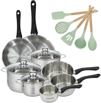 Set van 2 Pannen 24/28cm, 3 Braadpannen 16/20/24cm & 3 Steelpannen 12/16/20cm Fackelmann Geneva en 5 Keukengerei Oceaan
