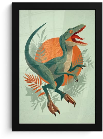 Poster in lijst - Fotolijst 20x30 cm - Posters - Dino - Bladeren - Grafisch - Groen - Posterlijst zwart - Decoratie - Wanddecoratie woonkamer - Muurdecoratie slaapkamer