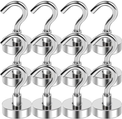 PolkaHome® 12 Extra Sterke Magneethaken, Afneembaar, Magnetische Haken, Rond-Voor Keuken, Grill, Sluitvakken Koelkasten, Roestvrij, Klein Magneethaken, Magnetische Haken, Magneethaakjes, Magneet Haken Sterk, Magneet Haken-Ophanghaken, (Zilver)