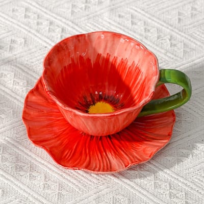 Vioolbloem koffiekop - kop-en-schotel set - bloemen koffiekop - keramische koffiekop - drinkbeker - theekopje - 300ml - Gebruik voor diverse gelegenheden - Rood