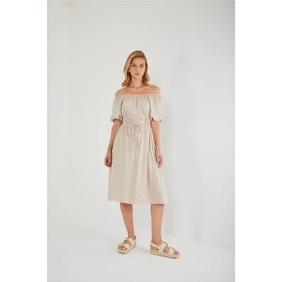 Off-Shoulder Puff Sleeve Midi-jurk met Vetersluiting in de Taille