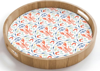 Dienblad rond 40x40 cm - Schootdienblad hout - Kreeft - Patroon - Blauw - Borrelplank rechthoek - Plateau houten dienbladen