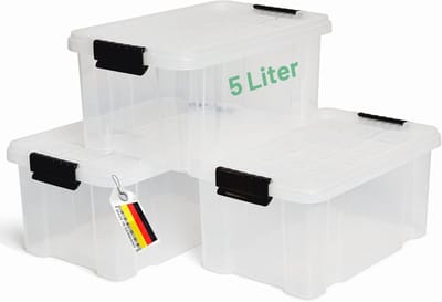 Novaliv 3x opbergdozen met deksel 5L transparant nestbaar stapelbaar opbergdozen met clipsluiting kunststof BPA-vrij 30 x 19 x 14 cm