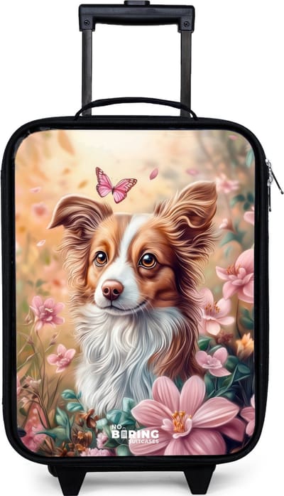 NoBoringSuitcases.com® - Kinderkoffer jongen - Kindertrolley meisje - Hond in bloemenveld met vlinders - Koffer kind lichtgewicht - Reiskoffer trolley voor kinderen - Koffertje met lichtgevende wieltjes - Rolkoffer zwart