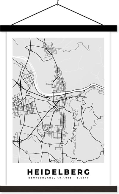Posterhanger incl. Poster 40x60 cm - Schoolplaat - Stadskaart - Heidelberg - Kaart - Duitsland - Plattegrond - Textielposter - Zwarte latten - Stadskaart
