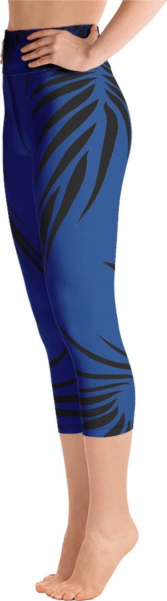 Sportlegging - Capri 3/4 - design Power Up - High Waist - Dry Fit - High Performance - 4way stretch- unieke print - UPF 50+ - Hardloop - Yoga - Fitness - Dans  - Pilates - Training - sportbroek –kobaltblauw zwart - maat XS