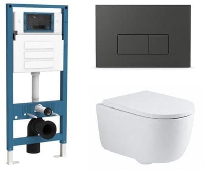 QeramiQ Dely Swirl Toiletset - inbouwreservoir Qeramiq Flush - 35mm zitting - kunststof mat antraciete bedieningsplaat - rechthoekige knoppen - glans wit