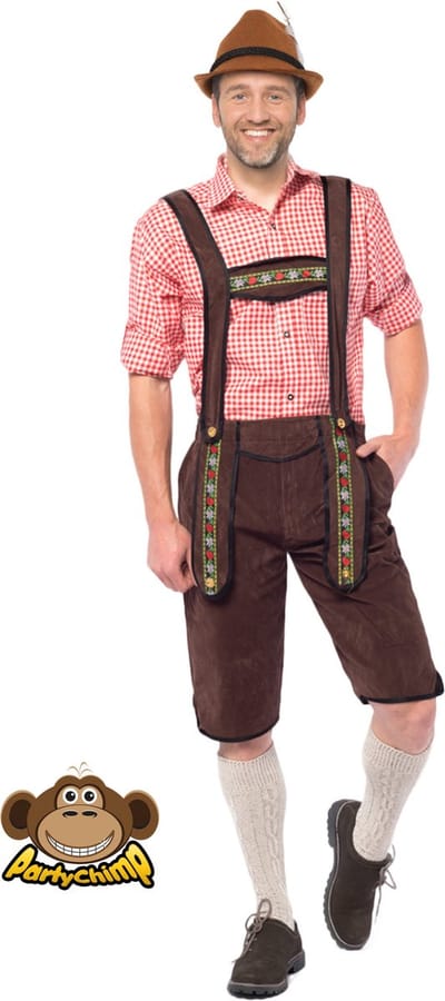 Partychimp Voordelige Lange Lederhose Johann Oktoberfest Heren Lederhosen Man Carnavalskleding Heren - Maat S - Donkerbruin - Polyester
