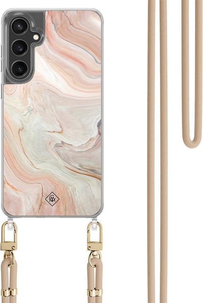 Casimoda® hoesje met koord - Geschikt voor Samsung S24 FE - Marmer Waves - Afneembaar koord - TPU/polycarbonaat - Bruin/beige