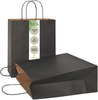 50x Zwarte Kraftpapieren Zakken met Handvat - Cadeauzakjes & Geschenktassen (32x12x41 cm)