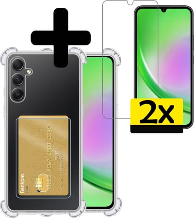 Hoesje - Geschikt voor Samsung Galaxy A34 - Met 2x Screenprotector - Pashouder - Kaarthouder - Telefoon Hoes Shockproof - Siliconen Case - Back Cover - Shock Proof - Pasjes Houder - Telefoonhoesjes - Transparant