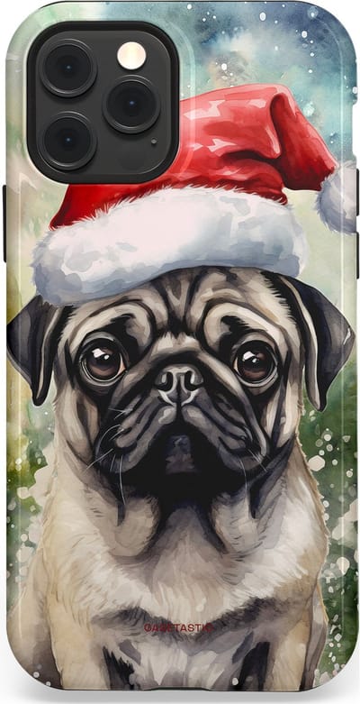 Casetastic hoesje geschikt voor Apple iPhone 12 / Apple iPhone 12 Pro - MagSafe - Dubbellaagse bescherming - Aquarel Kerstmis Pug Hond - Fashion Case - Grijs Taupe Donkergrijs Saliegroen