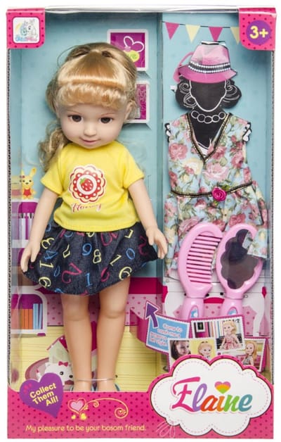 Speelgoed Pop "ELAINE" met extra Jurk en accessoires: kam & Spiegel - Tienerpop - Babypop - Pop voor Meisjes - Afm Doos: 22X36X9 Cm