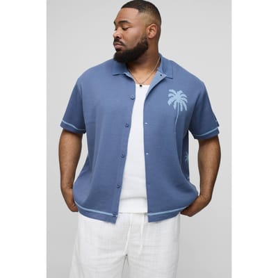 Plus Relaxed Palm Scenic Jacquard Gebreide Overhemd | Blue | Size 2XL