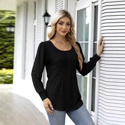 ASTRADAVI Casual Chic - Ronde Hals Dames Blouse - Stijlvolle Top met Geplooide Halslijn - Zwart / Small