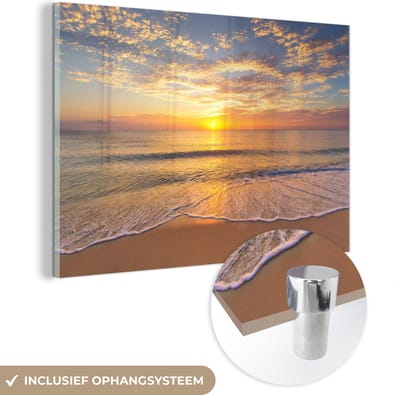 MuchoWow® Glasschilderij 150x100 cm - Schilderij acrylglas - Strand - Kleuren - Zon - Foto op glas - Muurdecoratie woonkamer - Wanddecoratie slaapkamer - Schilderijen