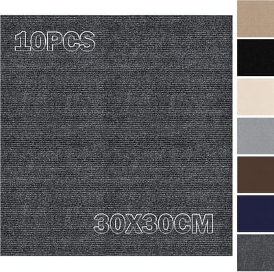 Zelfklevende Tapijttegels 30 x 30 cm - 10 Stuks, 0.9 m² - Duurzaam Tapijt voor Thuis, Kantoor en Commerciële Ruimtes in Donkergrijs