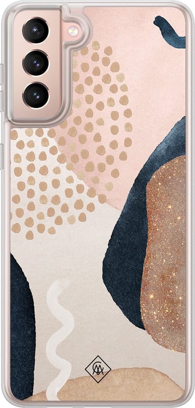 Casimoda® hoesje - Geschikt voor Samsung Galaxy S21 - Abstract Dots - 2-in-1 case - Schokbestendig - Geometrisch patroon - Verhoogde randen - Bruin/beige, Transparant