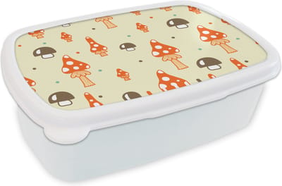 Broodtrommel Wit - Lunchbox Patronen - Paddestoel - Oranje - Brooddoos 18x12x6 cm - Brood lunch box - Broodtrommels voor kinderen en volwassenen
