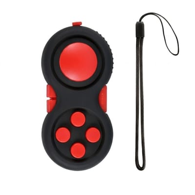 Zwart rood fidget toy stress speelgoed hand gadget met drukknoppen en polskoord – hand fidget toy voor dames en heren – compact hand speelgoed met grote ronde knop en vier rode knoppen – draagbaar fidget speelgoed voor in de hand