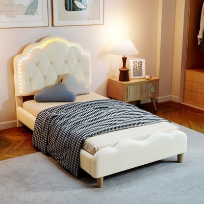 HAUSS SPOLE Gestoffeerd Bed 90x200 - Kinderbed Met Gewelfd Hoofdbord En LED-Strepen - Polsterbed Met Lattenbodem - Kunstleer - Wit