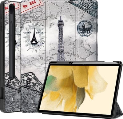 Hoesje Geschikt voor Samsung Galaxy Tab S7 FE - Dun & Stevig - Trifold Bookcase - Hard Cover Case - Met Uitsparing Geschikt voor S Pen - Hardcover Book - Tablet Hoes - Eiffeltoren